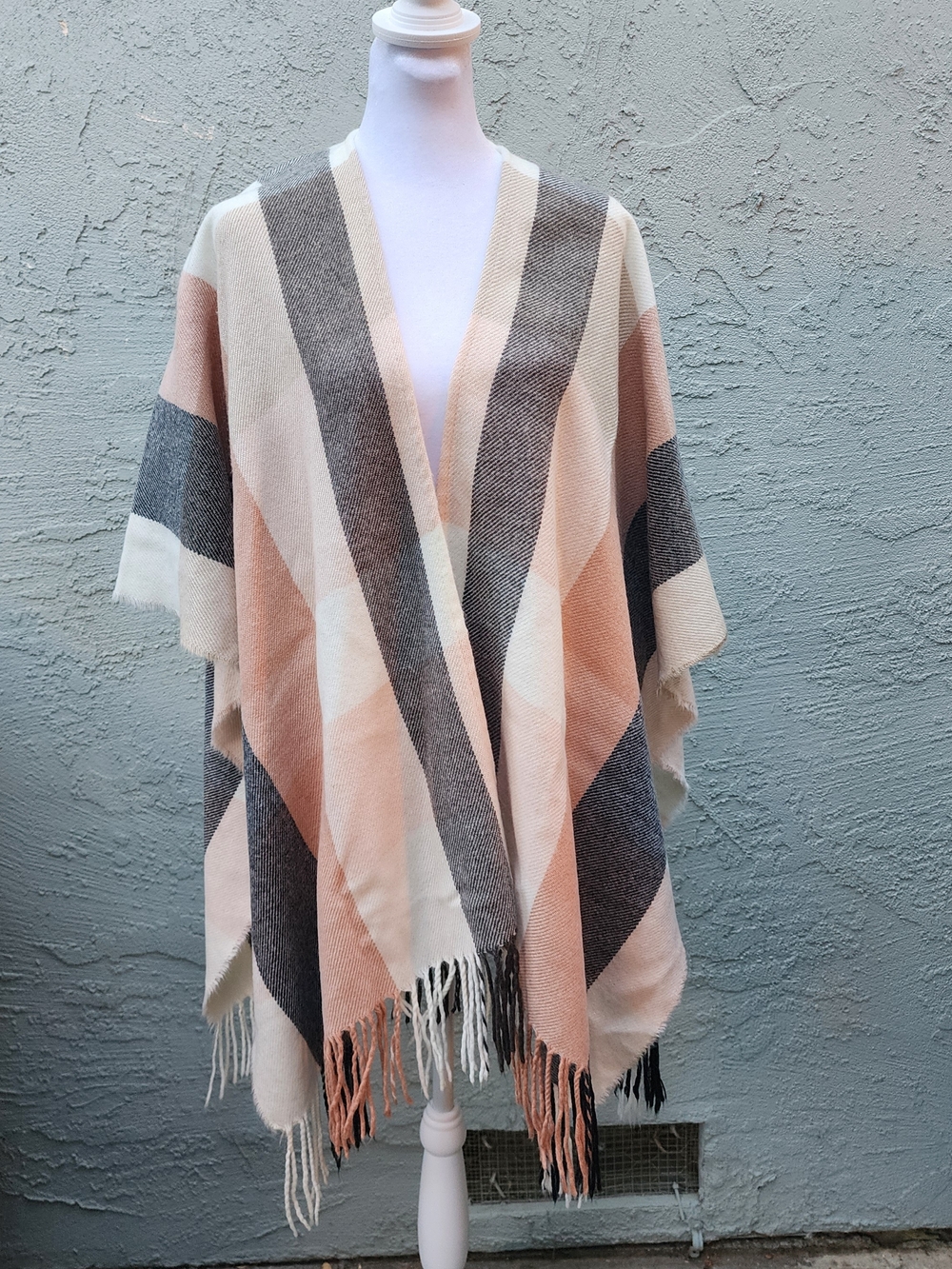 LC Lauren Conrad Colorblock Plaid Fringe Open Front Poncho Wrap